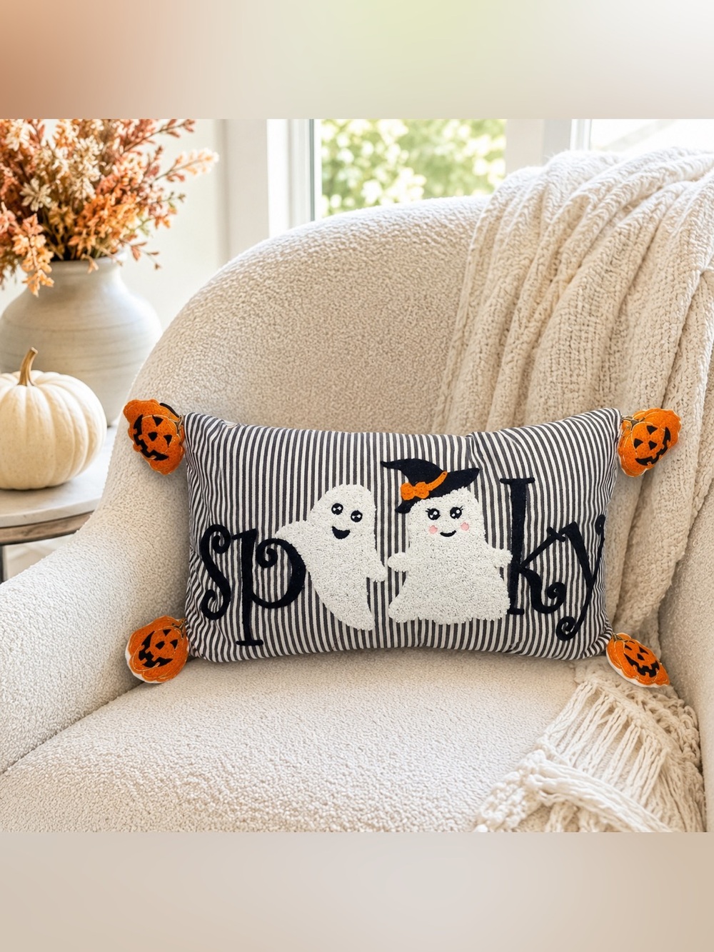 Black & White Striped “Spooky” Ghost Halloween Lumbar Pillow Pumpkin Accents